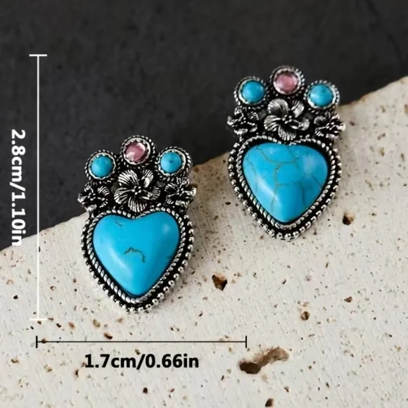 Heart Turquoise, Lab Created, Vintage Look Silver tone Hippie, Tribal Earrings - Picture 3 of 5